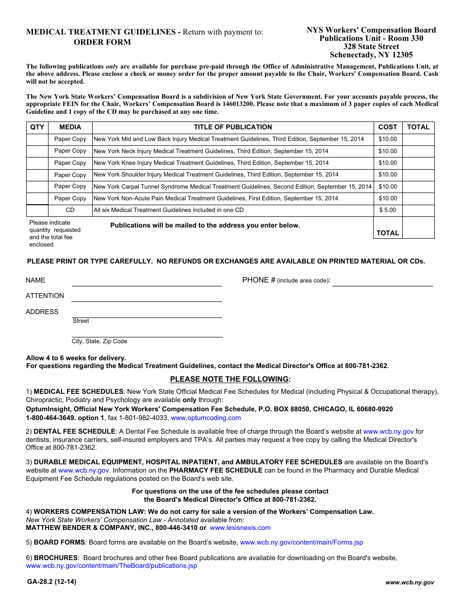 Form GA-28.2 Medical Treatment Guidelines Order Form - New York, Page 1