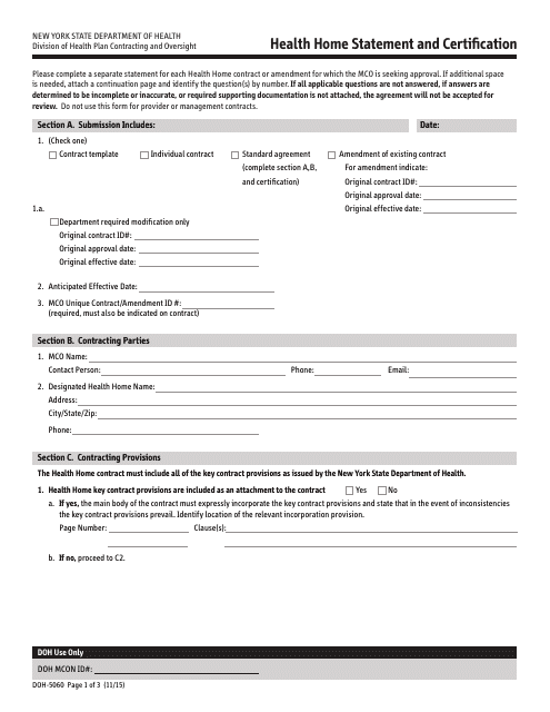 Form DOH-5060 Health Home Statement and Certification - New York