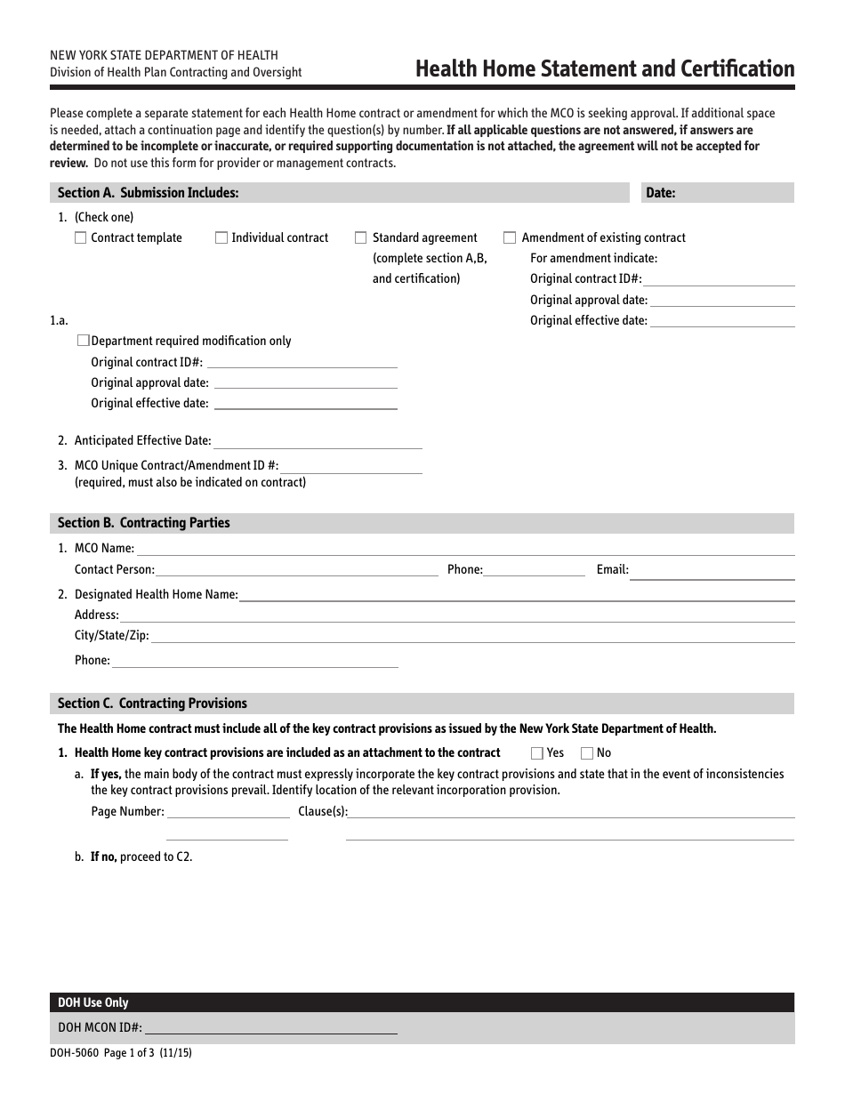 Form DOH-5060 Health Home Statement and Certification - New York, Page 1