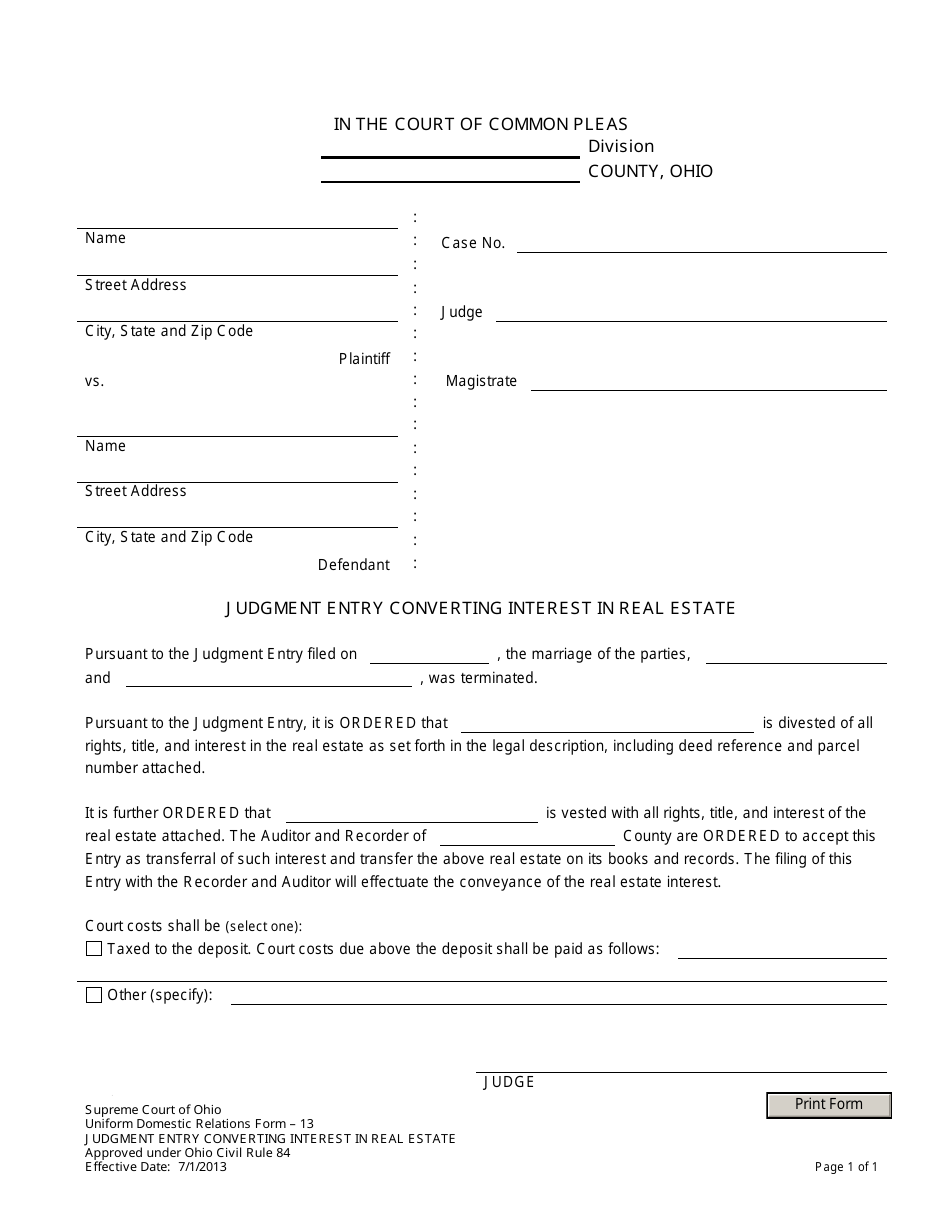 Uniform Domestic Relations Form 13 Judgment Entry Converting Interest in Real Estate - Ohio, Page 1