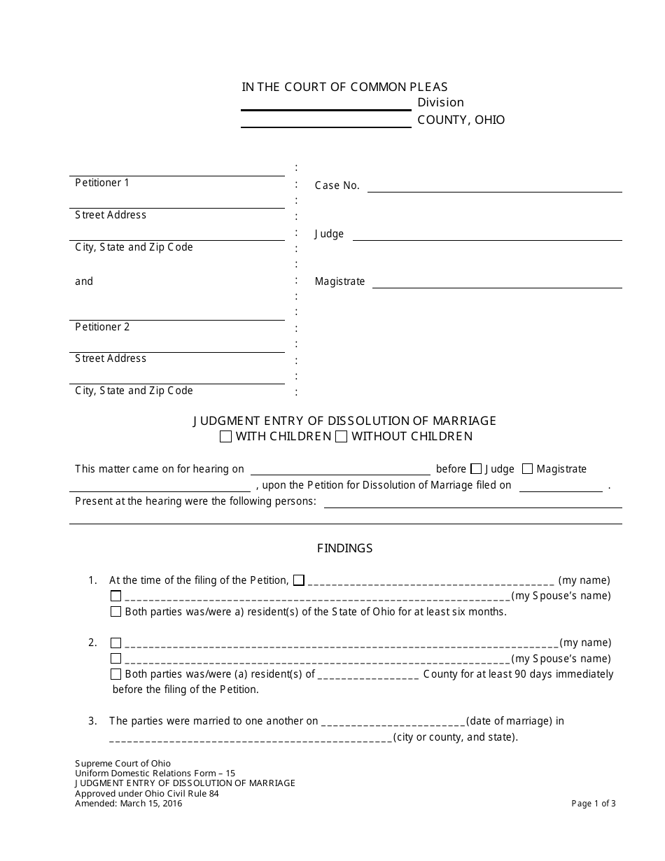 Uniform Domestic Relations Form 15 Judgment Entry of Dissolution of Marriage - Ohio, Page 1