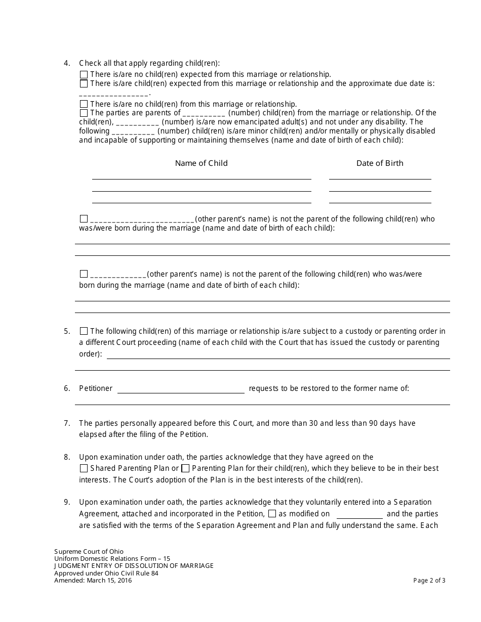 Uniform Domestic Relations Form 15 Judgment Entry of Dissolution of Marriage - Ohio, Page 2