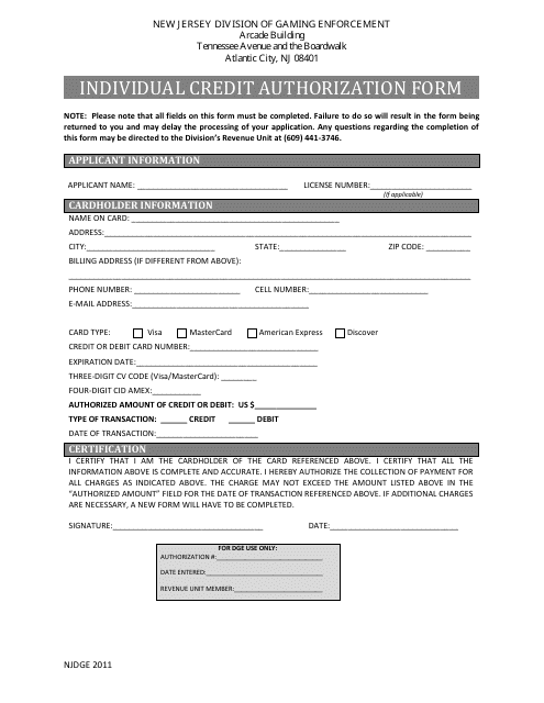 Individual Credit Authorization Form - New Jersey Download Pdf