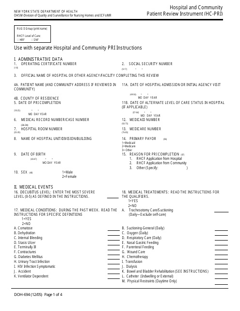 Form DOH-694 Hospital and Community Patient Review Instrument (Hc-Pri) - New York