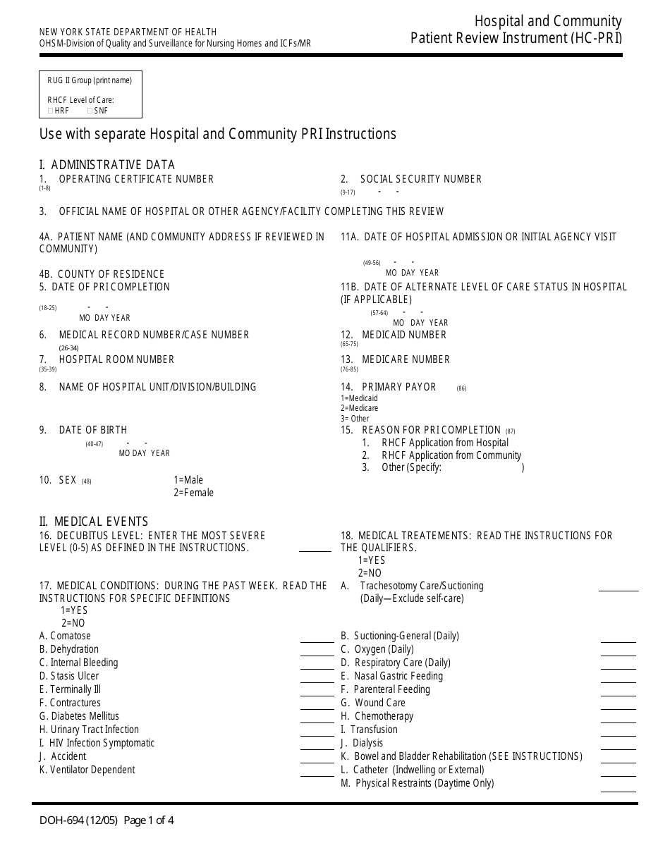 Form DOH-694 Hospital and Community Patient Review Instrument (Hc-Pri) - New York, Page 1
