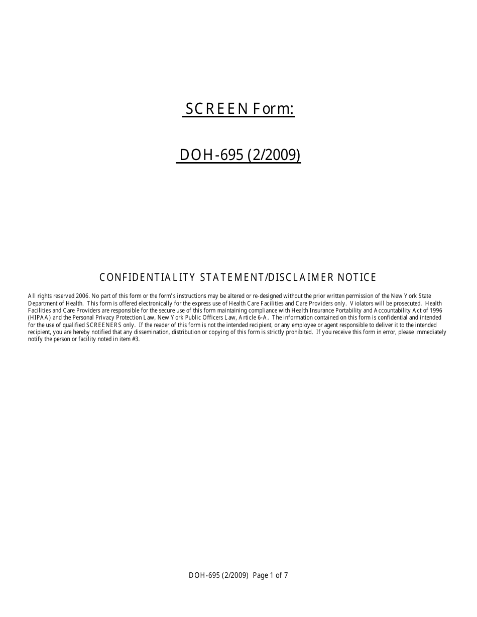 Form DOH-695 Screen Form - New York, Page 1