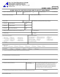 Document preview: Form DOH-3726 Home Health Certification and Plan of Treatment - New York