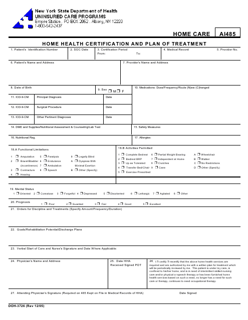 Form DOH-3726 Home Health Certification and Plan of Treatment - New York