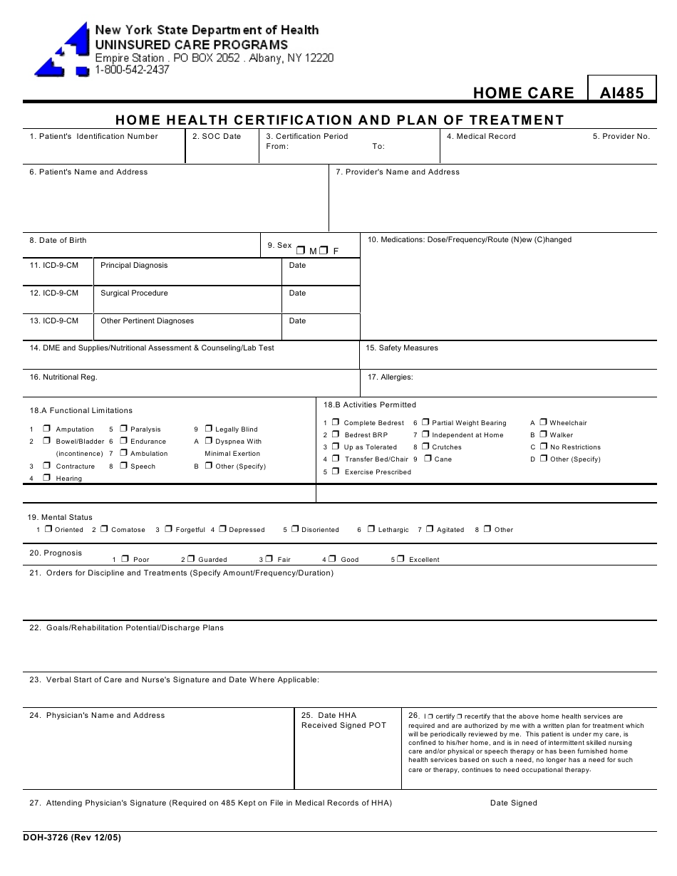 Form DOH-3726 Home Health Certification and Plan of Treatment - New York, Page 1