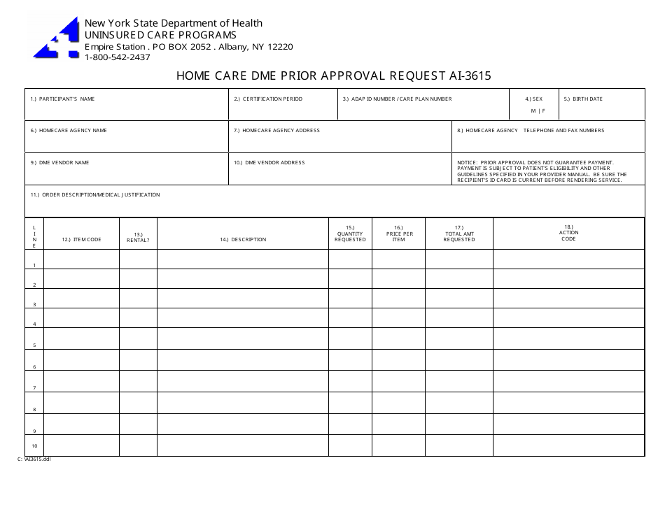 Home Care Dme Prior Approval Request Ai-3615 - New York, Page 1