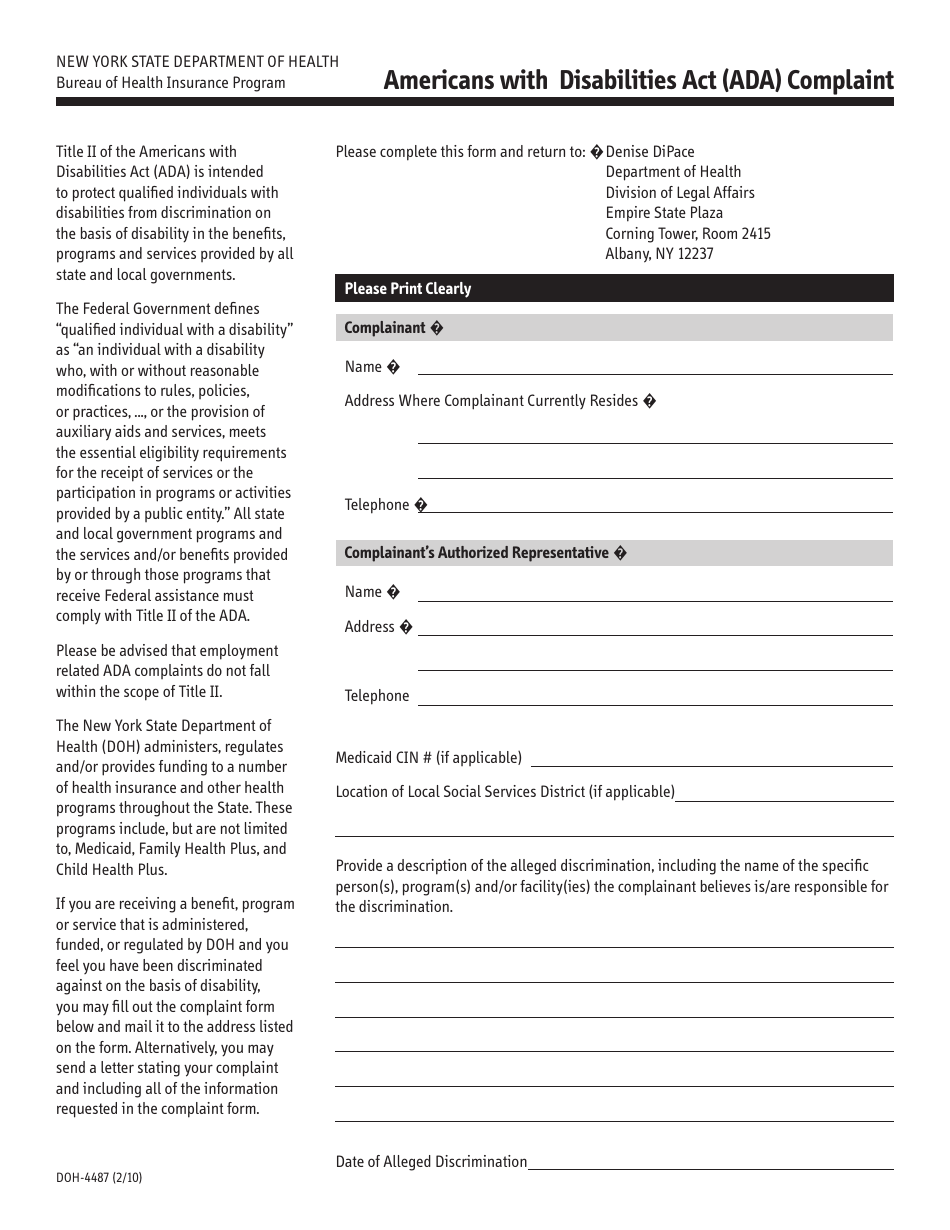 Form DOH-4487 Americans With Disabilities Act (Ada) Complaint - New York, Page 1