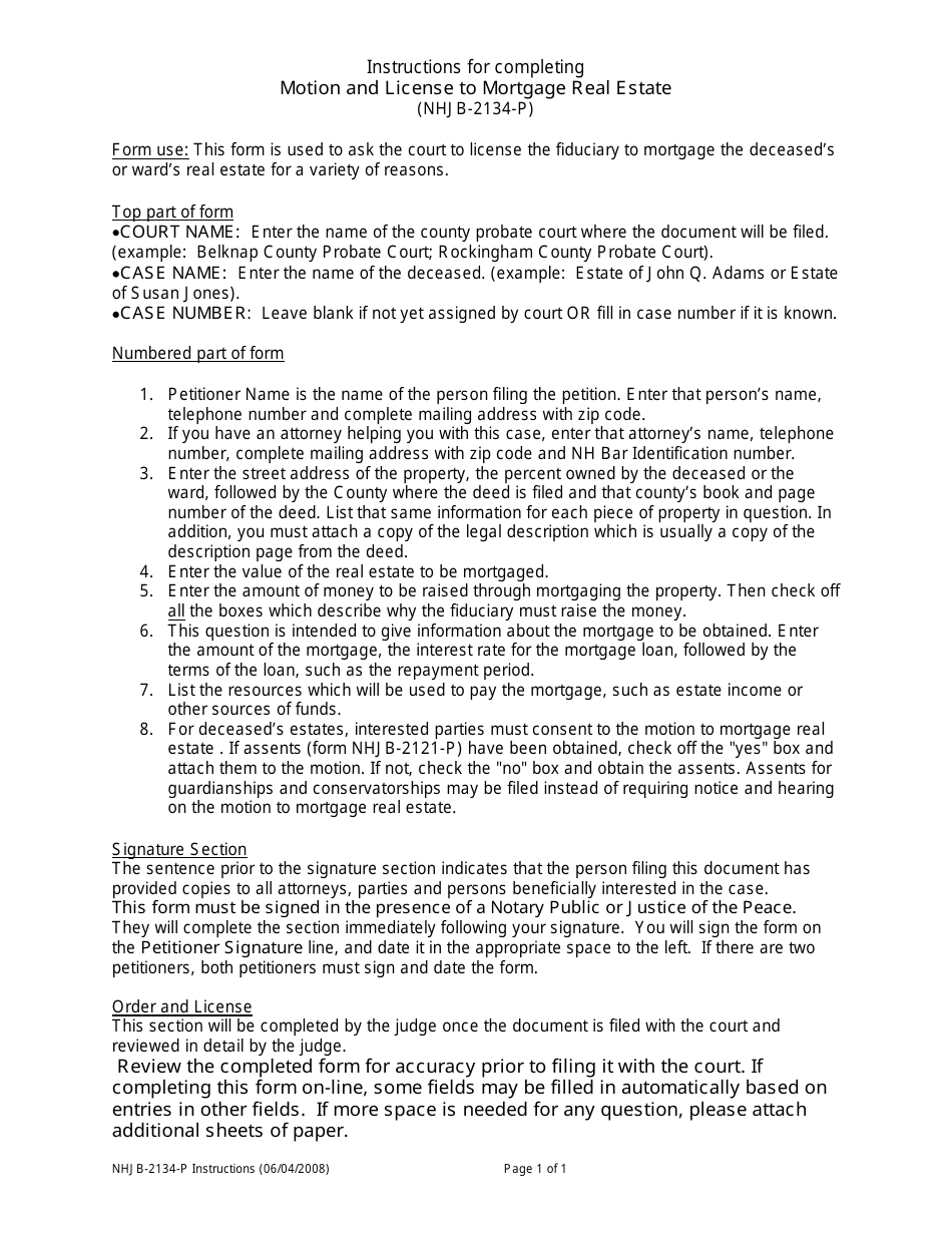 Instructions for Form NHJB-2134-P Motion and License to Mortgage Real Estate - New Hampshire, Page 1