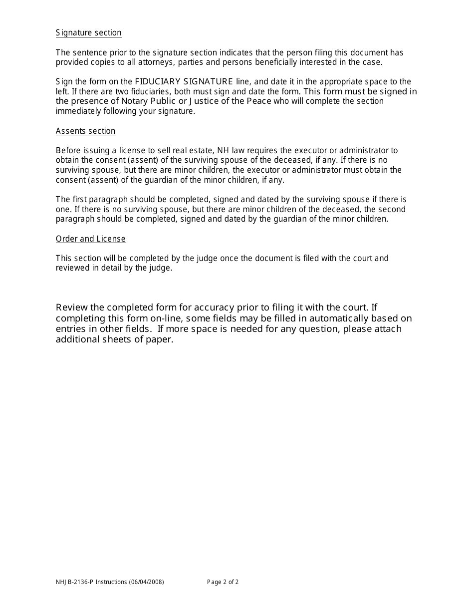 Instructions for Form NHJB-2136-P Motion and License to Sell Real Estate to Pay Demands - New Hampshire, Page 2