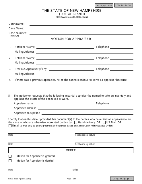 Form NHJB-2303-P Motion for Appraiser - New Hampshire