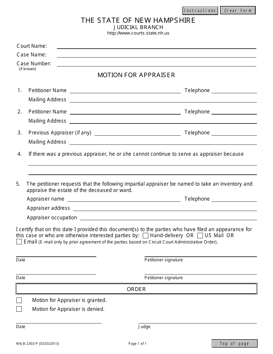 Form NHJB-2303-P Motion for Appraiser - New Hampshire, Page 1