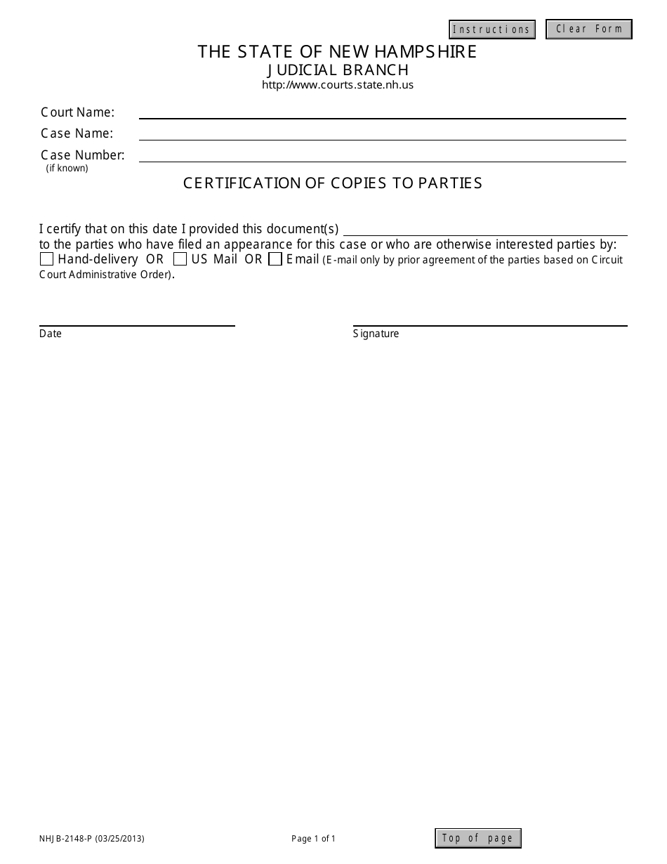 Form NHJB-2148-P Certification of Copies to Parties - New Hampshire, Page 1