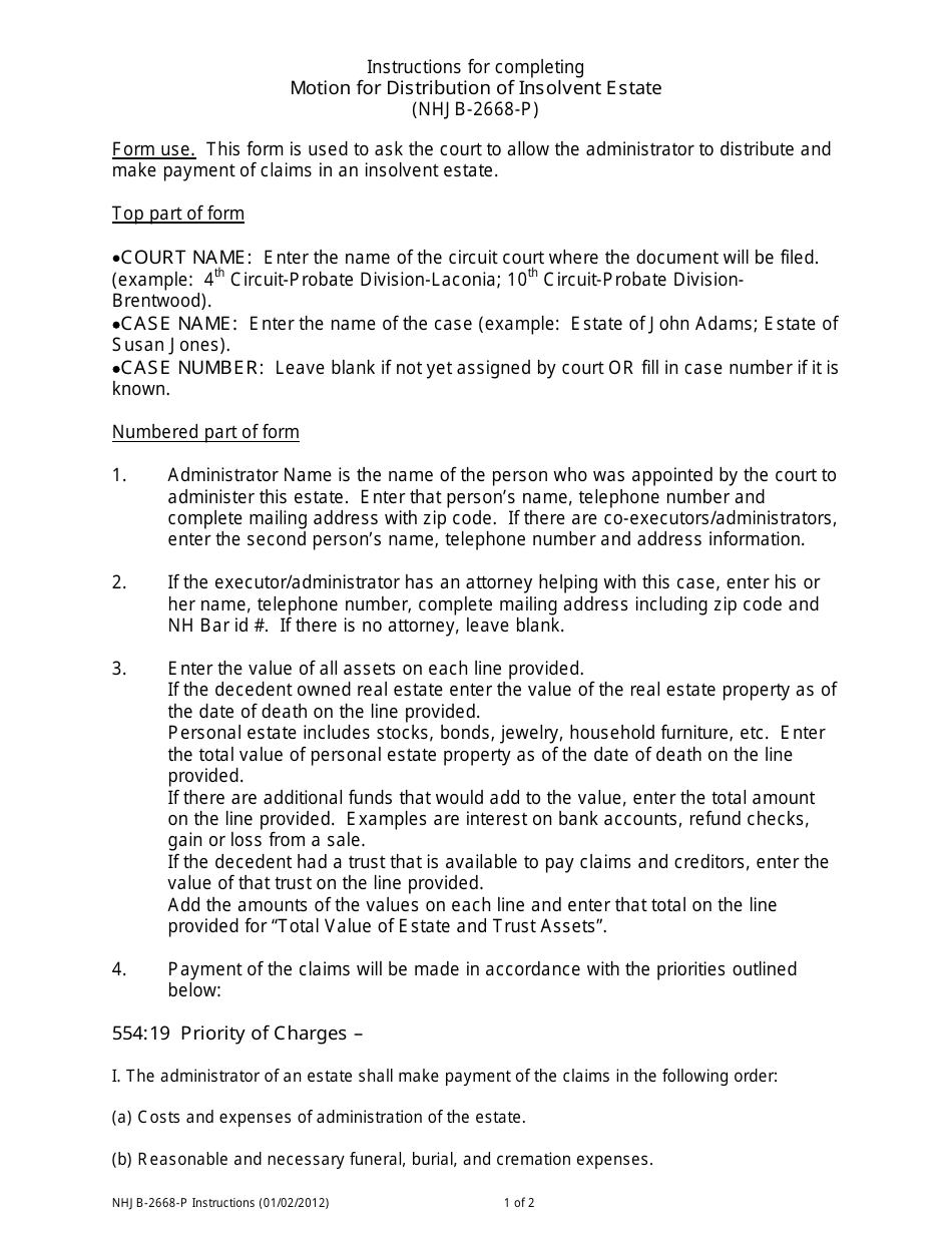 Download Instructions for Form NHJB-23-P Motion for Distribution Inside Estate Distribution Letter Template