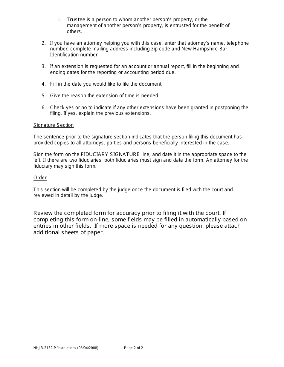 Instructions for Form NHJB-2132-P Motion for Extension of Time - New Hampshire, Page 2