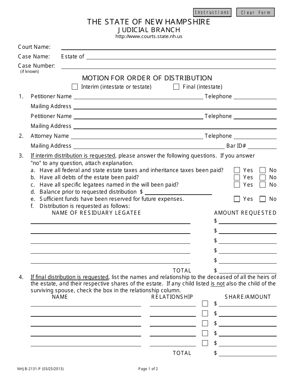Form NHJB-2131-P Motion for Order of Distribution - New Hampshire, Page 1