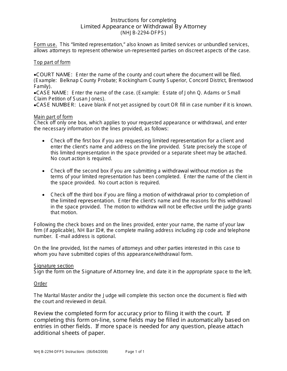 Instructions for Form NHJB-2294-DFPS Limited Appearance or Withdrawal by Attorney - New Hampshire, Page 1