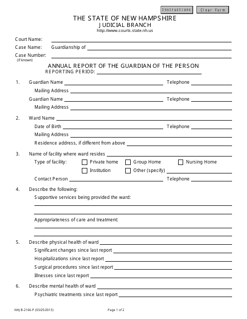 Form NHJB-2166-P Annual Report of the Guardian of the Person - Adult - New Hampshire