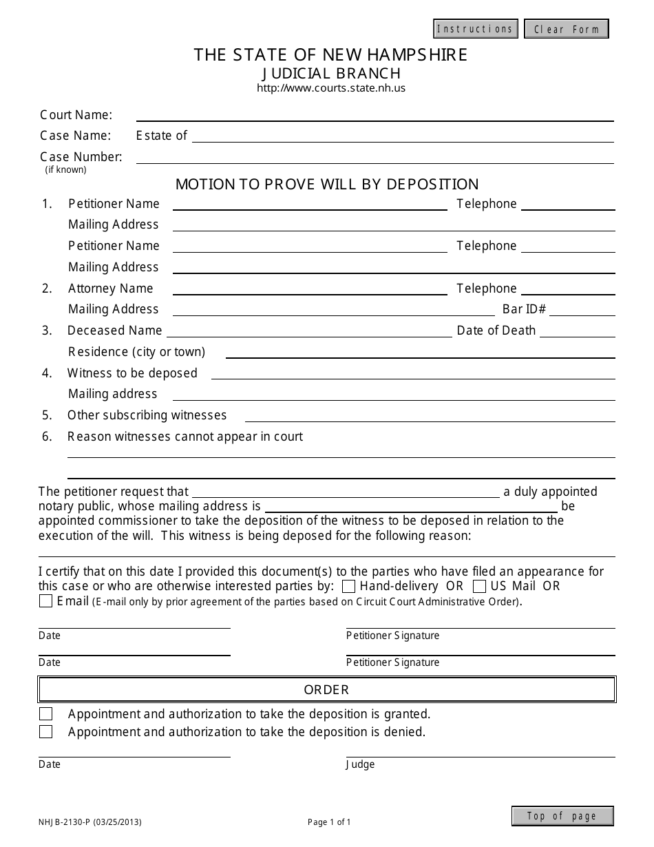 Form NHJB-2130-P Motion to Prove Will by Deposition - New Hampshire, Page 1