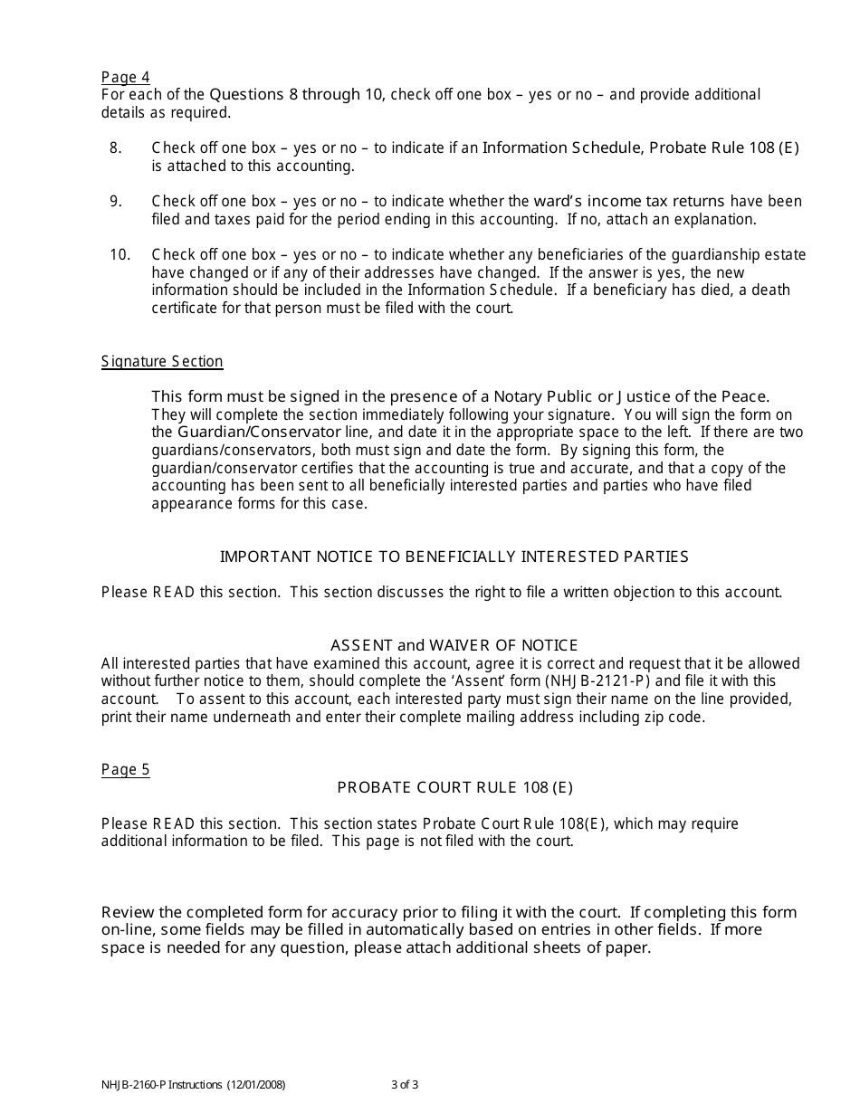 Instructions for Form NHJB-2160-P Guardians / Conservators Accounting - New Hampshire, Page 3