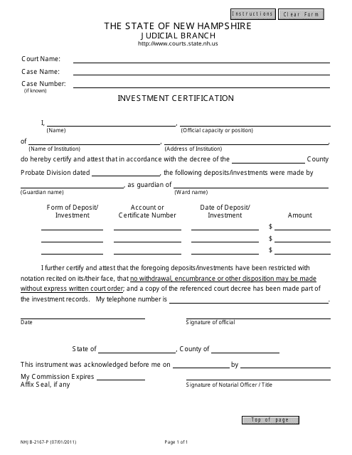Form NHJB-2167-P Investment Certification - New Hampshire