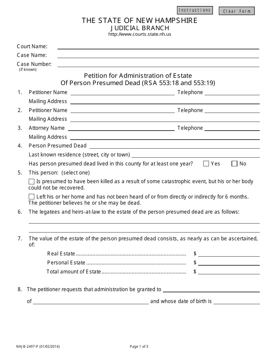 Form NHJB-2497-P Petition for Administration of Estate of Person Presumed Dead (Rsa 553:18 and 553:19) - New Hampshire, Page 1