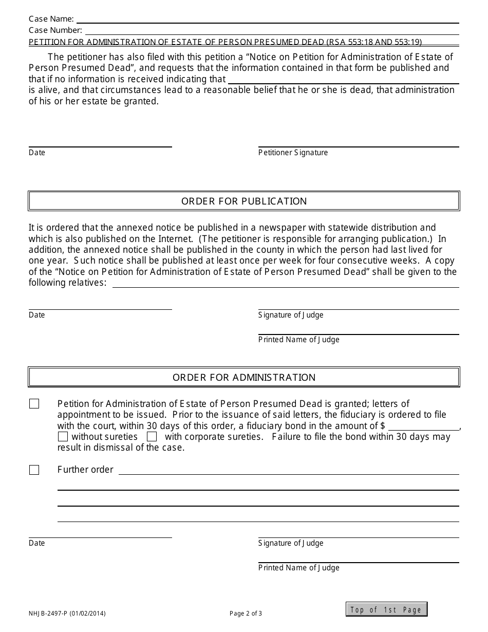Form NHJB-2497-P Petition for Administration of Estate of Person Presumed Dead (Rsa 553:18 and 553:19) - New Hampshire, Page 2