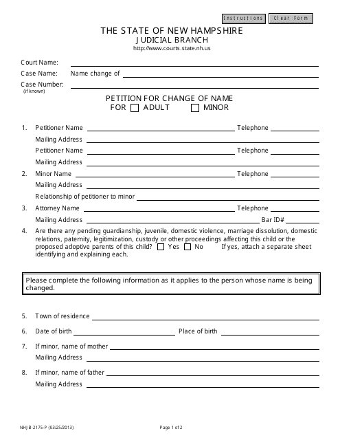 Form NHJB-2175-P Petition for Change of Name - New Hampshire
