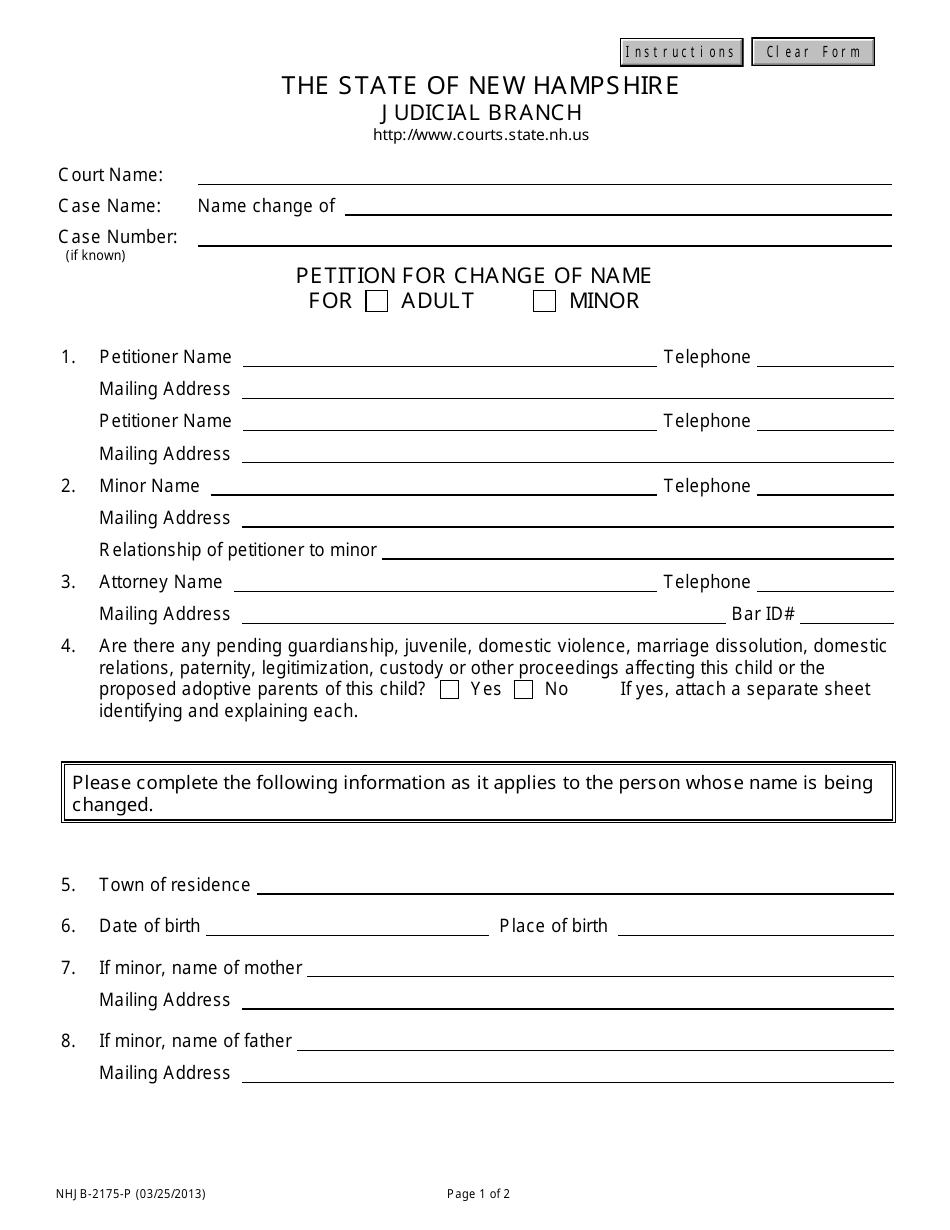 Form NHJB-2175-P Petition for Change of Name - New Hampshire, Page 1