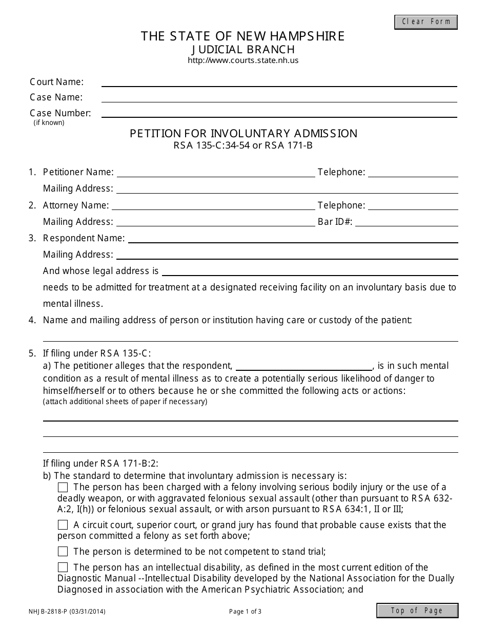 Form NHJB-2818-P Petition for Involuntary Admission - New Hampshire, Page 1