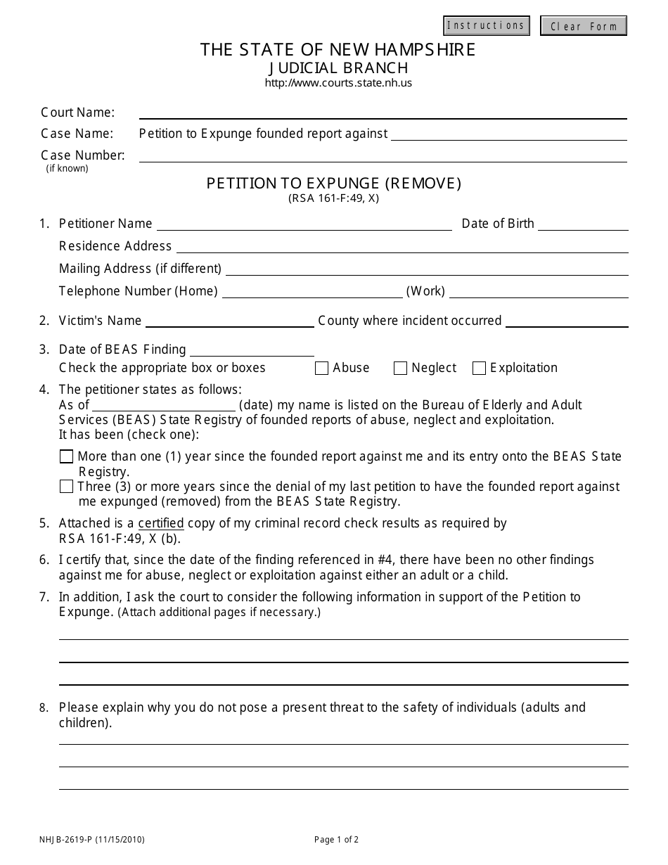 Form NHJB-2619-P Petition to Expunge (Remove) - New Hampshire, Page 1