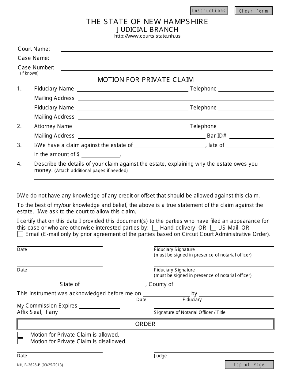 Form NHJB-2628-P Motion for Private Claim - New Hampshire, Page 1