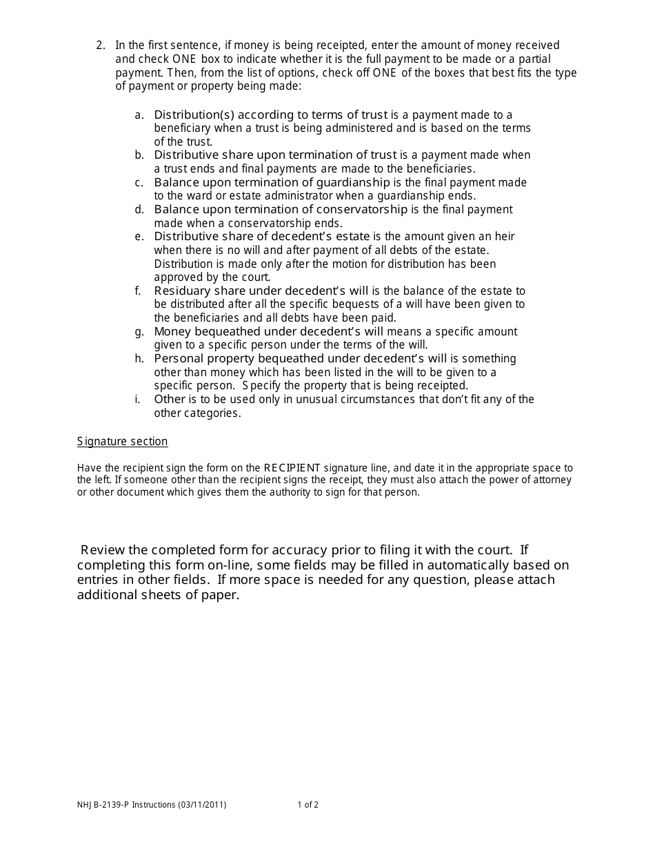 Instructions for Form NHJB-2139-P Receipt - New Hampshire, Page 2
