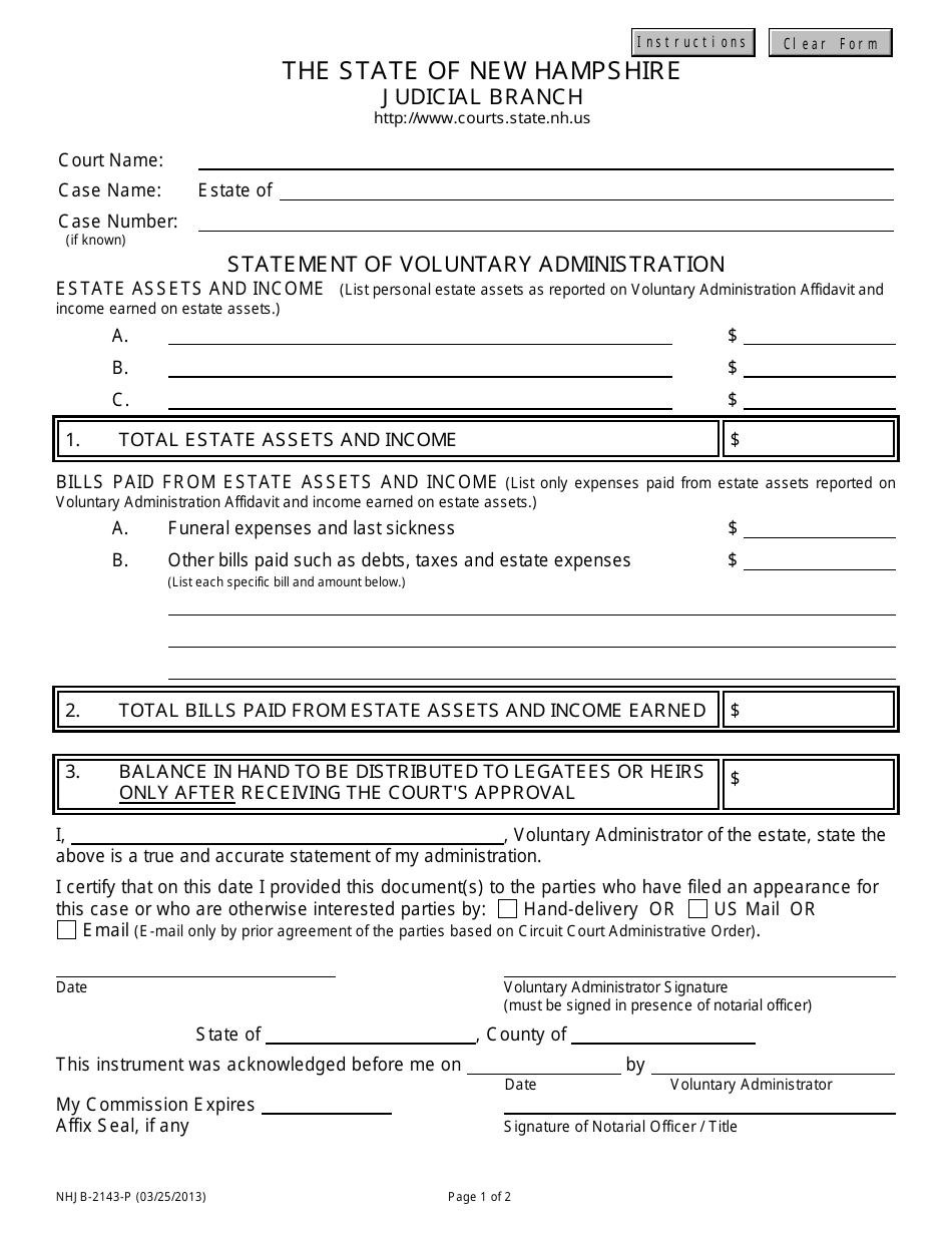Form NHJB-2143-P Statement of Voluntary Administration - New Hampshire, Page 1