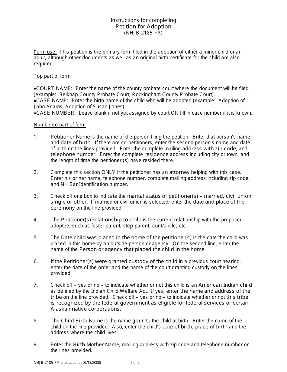Instructions for Form NHJB-2185-FP Petition for Adoption - New Hampshire, Page 1
