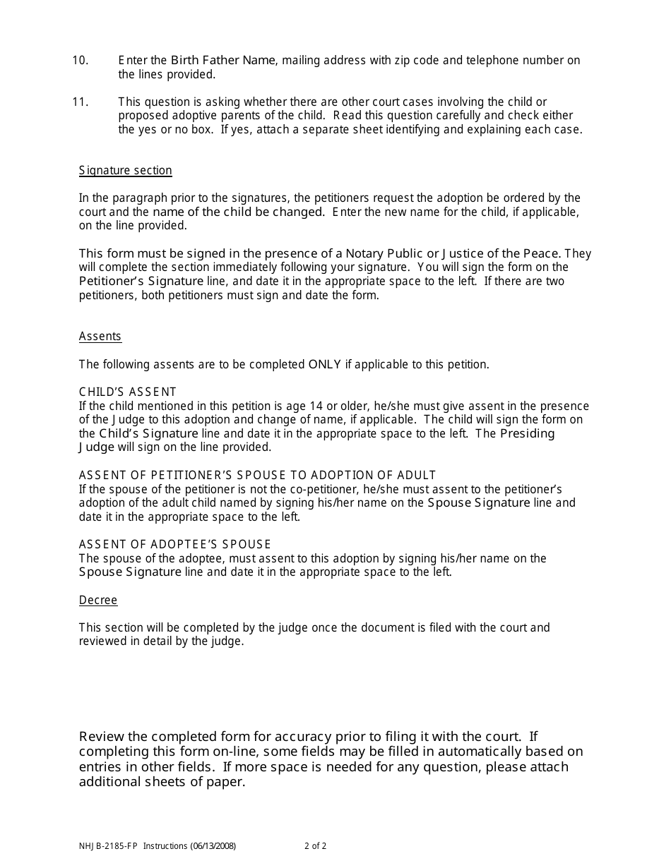 Instructions for Form NHJB-2185-FP Petition for Adoption - New Hampshire, Page 2