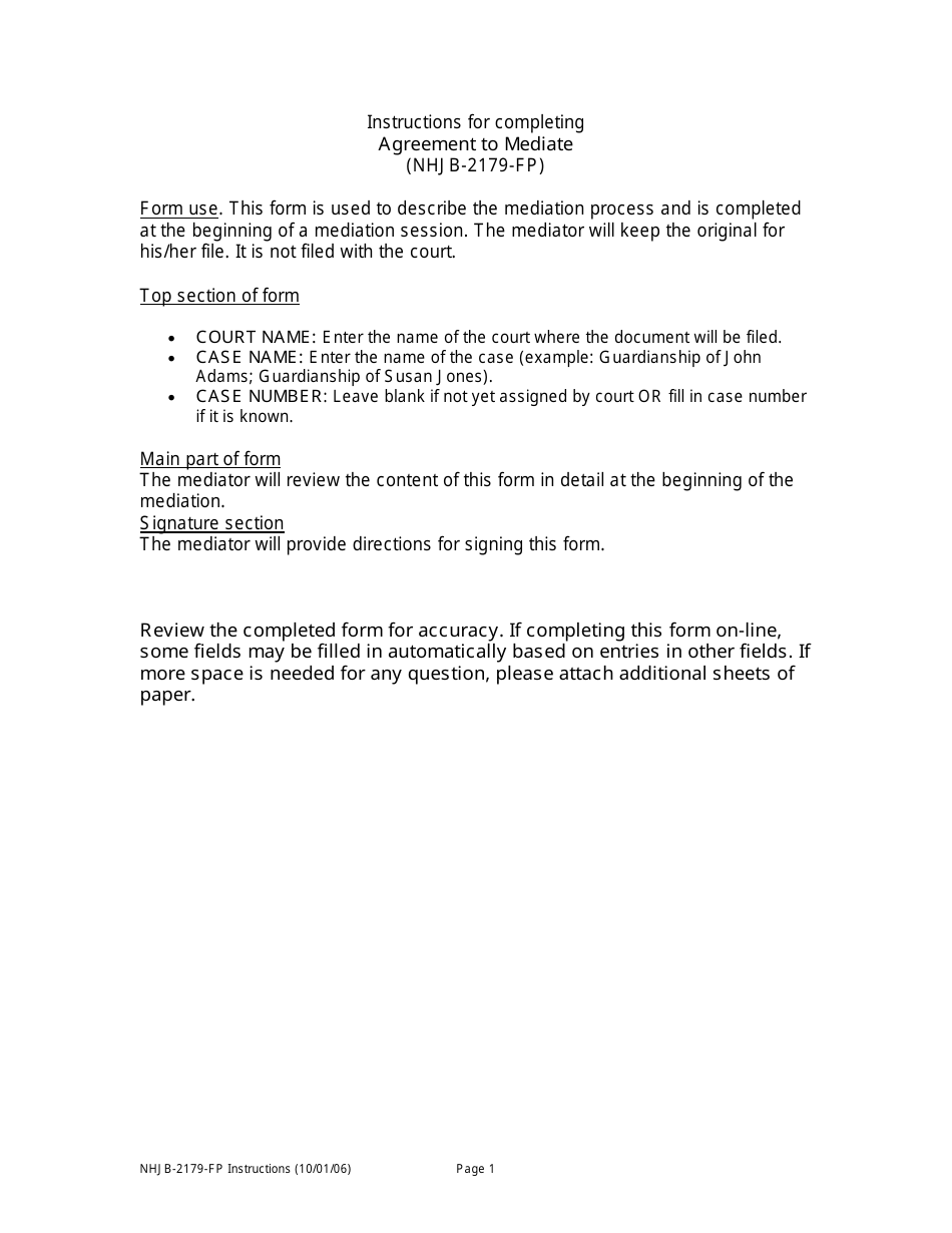 Instructions for Form NHJB-2179-FP Agreement to Mediate - New Hampshire, Page 1