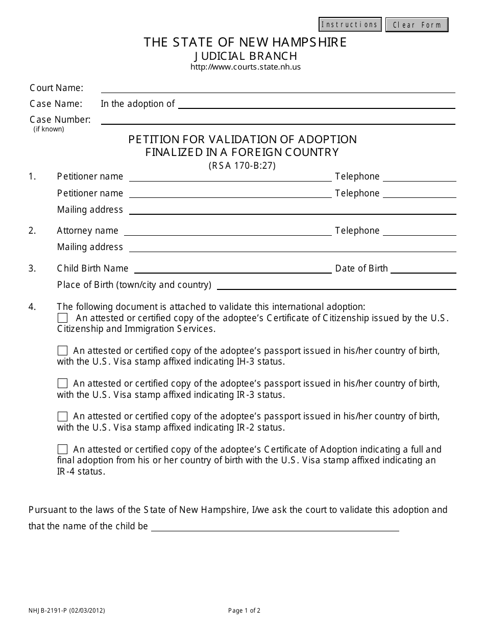 Form NHJB-2191-P Petition for Validation of Adoption Finalized in a Foreign Country - New Hampshire, Page 1