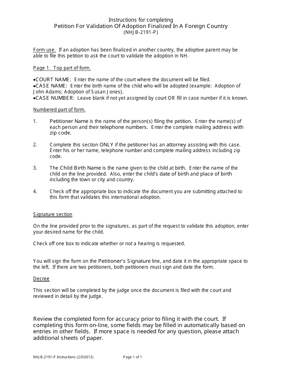 Instructions for Form NHJB-2191-P Petition for Validation of Adoption Finalized in a Foreign Country - New Hampshire, Page 1