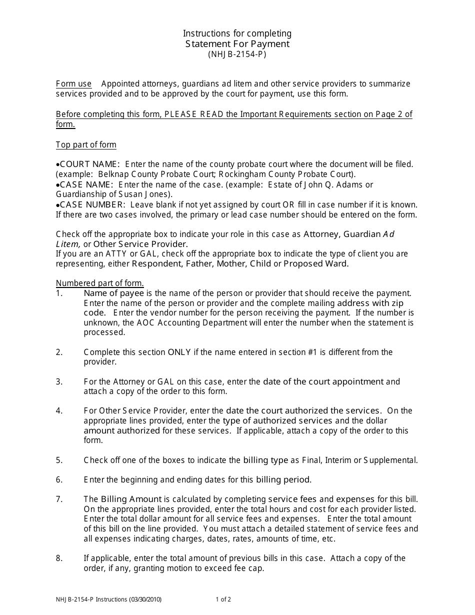 Instructions for Form NHJB-2154-P Statement for Payment - New Hampshire, Page 1