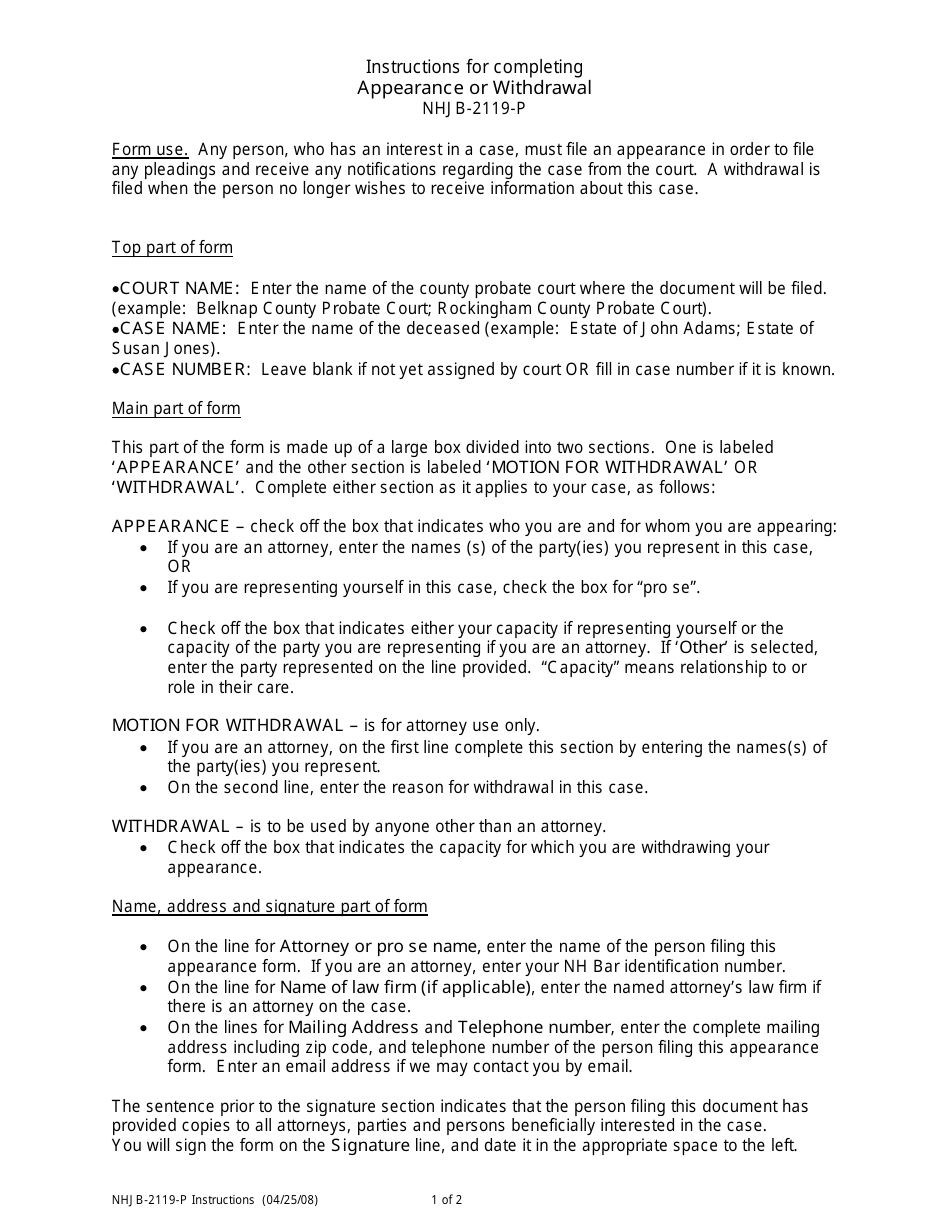 Instructions for Form NHJB-2119-P Appearance or Withdrawal - New Hampshire, Page 1