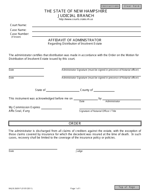 Form NHJB-2669-P Affidavit of Administrator - New Hampshire