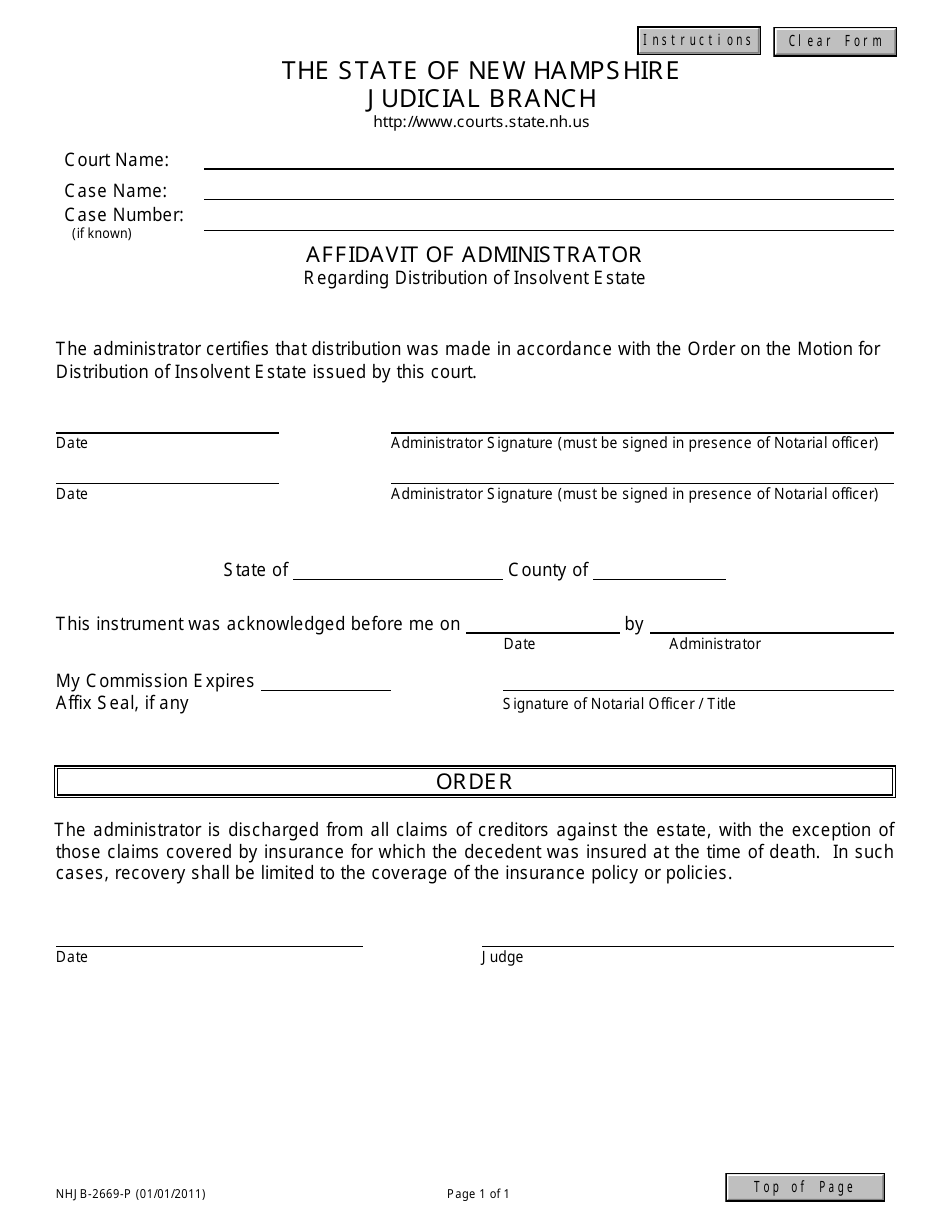 Form NHJB-2669-P Affidavit of Administrator - New Hampshire, Page 1