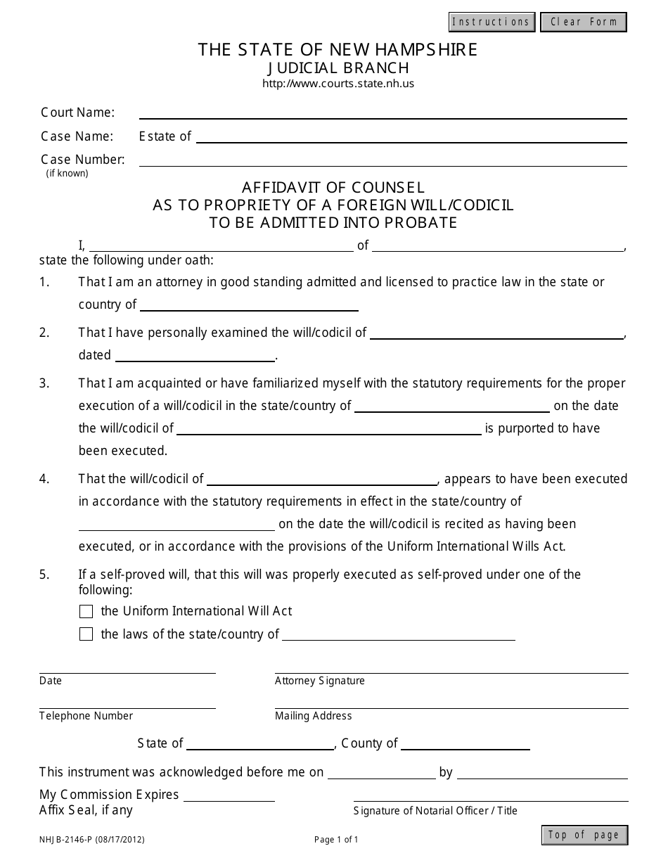 Form NHJB-2146-P Affidavit of Counsel as to Propriety of a Foreign Will/Codicil to Be Admitted Into Probate - New Hampshire, Page 1
