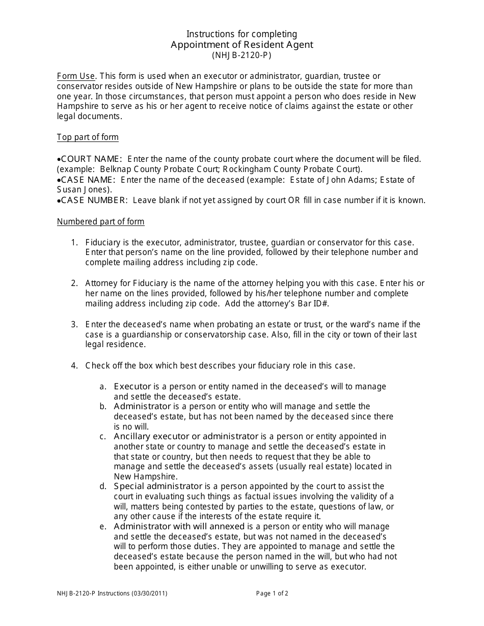 Instructions for Form NHJB-2120-P Appointment of Resident Agent - New Hampshire, Page 1