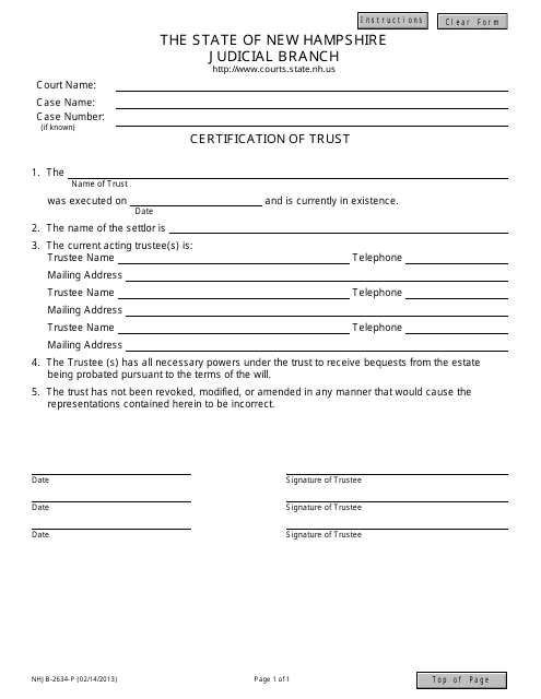 Form NHJB-2634-P Certification of Trust - New Hampshire
