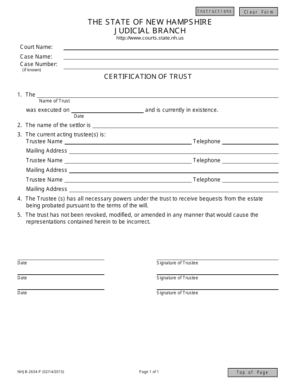 Form NHJB-2634-P Certification of Trust - New Hampshire, Page 1
